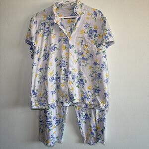 Lauren Ralph Lauren Pajama Set XL Floral Blue Cropped Logo Pocket Black Label